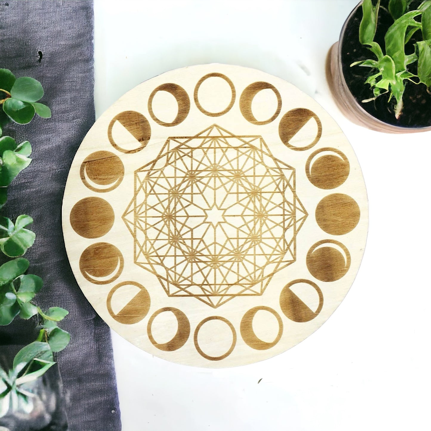 Moon Phases Wood Crystal Grid