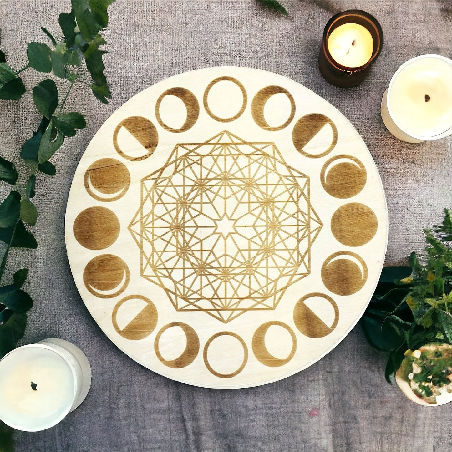 Moon Phases Wood Crystal Grid