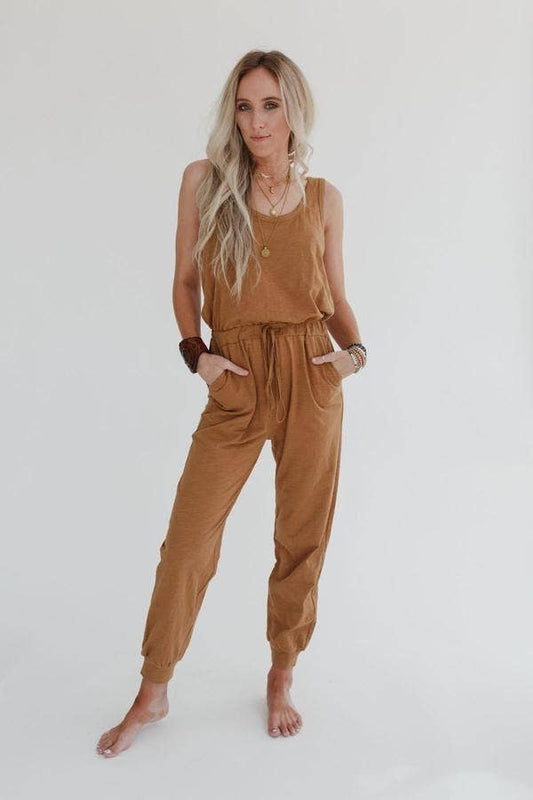 Set to Go Textured Jumpsuit And Cardigan Set - Camel: Ash