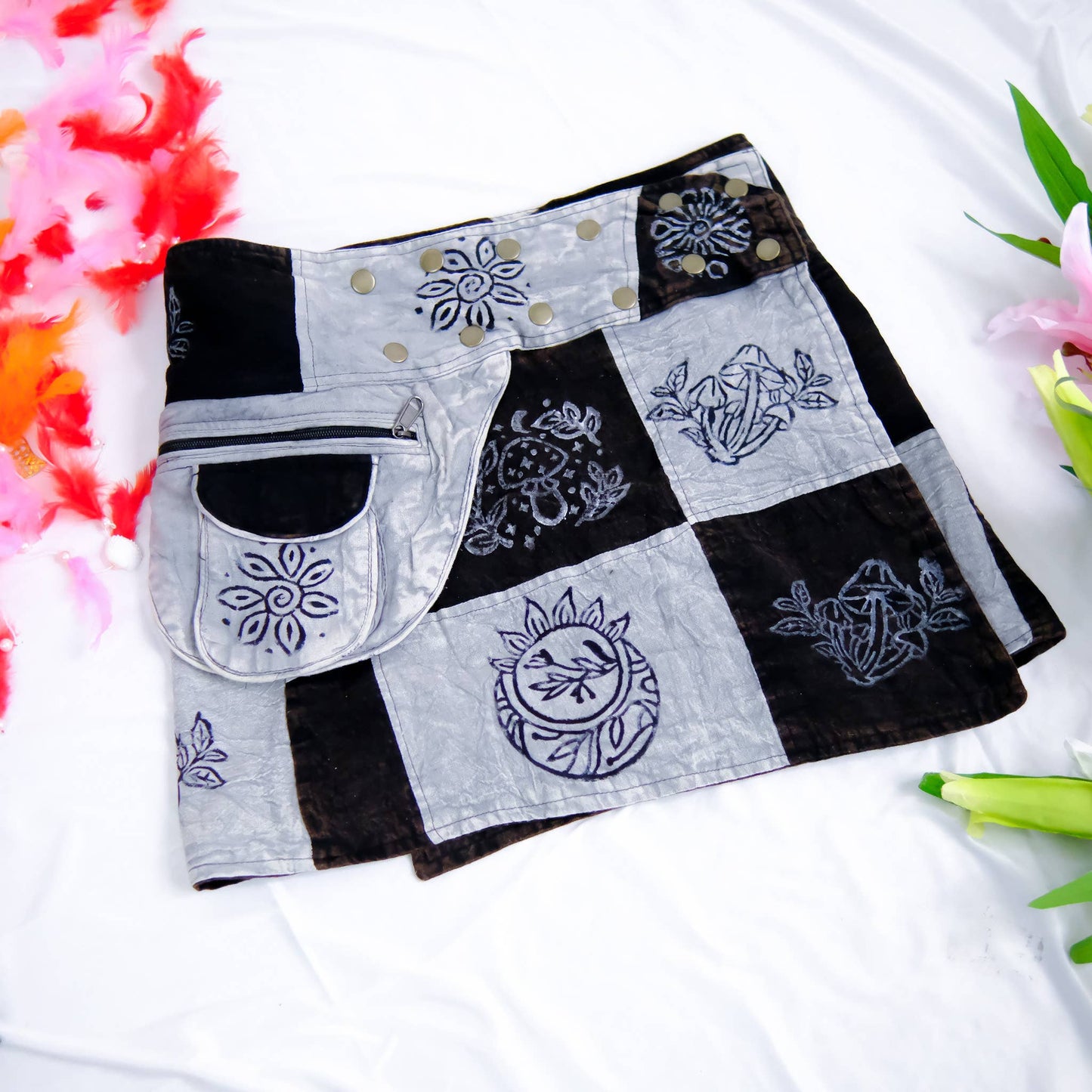 Black Patchwork Skirt with Button