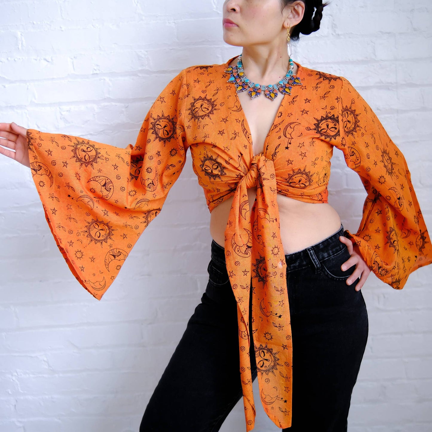 Orange Celestial Print Boho Bell Sleeve Tie Top
