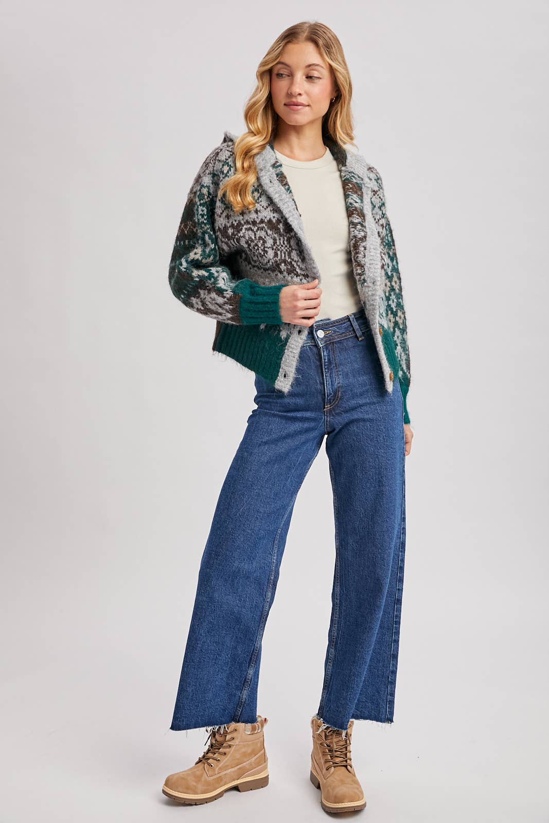 FAIR ISLE BUTTON DOWN KNIT SWEATER CARDIGAN HOODIE: GREEN COMBO