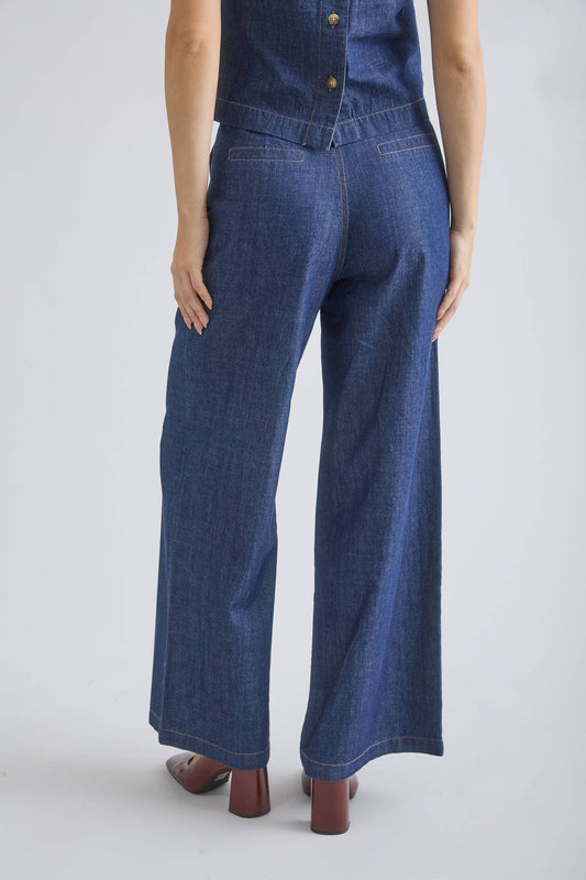 HIGH WAIST PLEATED WIDE LEG DENIM PANTS: DARK DENIM