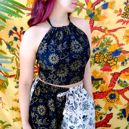 Black Celestial Cotton Halter Top