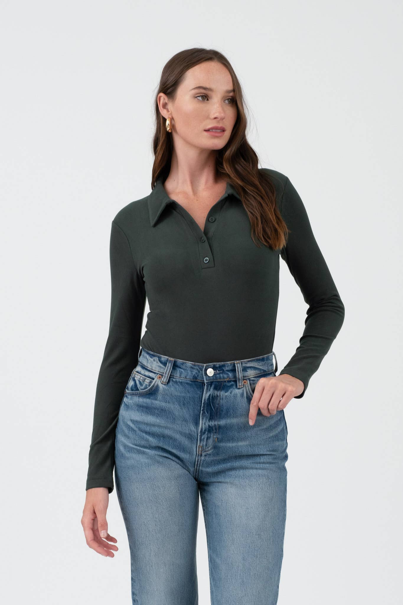 SOLID COLLARED LONG SLEEVE BODYSUIT: HUNTER GREEN