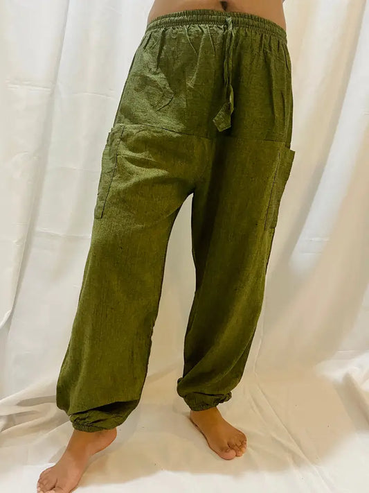 Green Solid Color Cotton Unisex Harem Pants