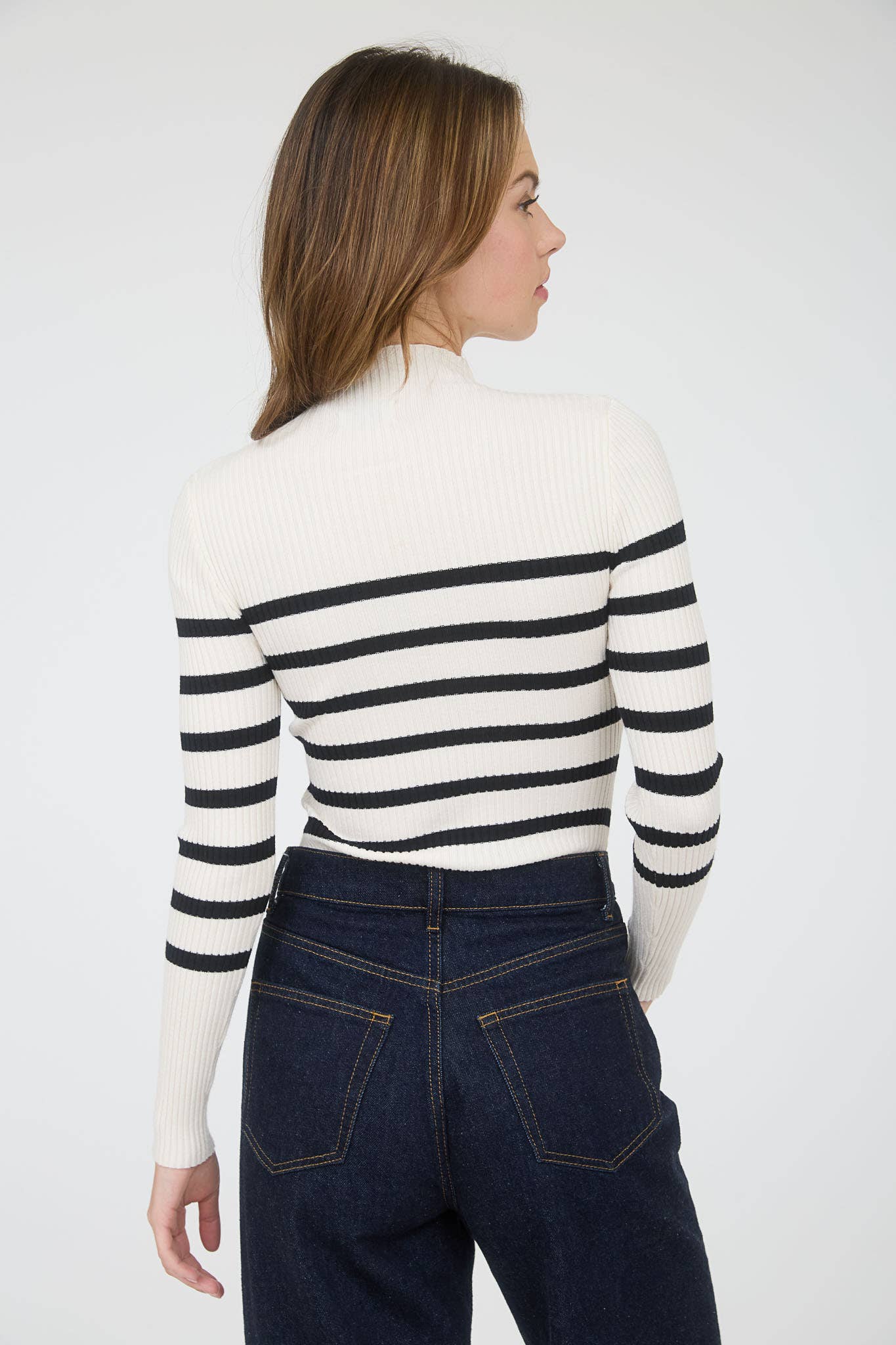 MOCK NECK STRIPE LONG SLEEVE SWEATER KNIT PULLOVER: IVORY