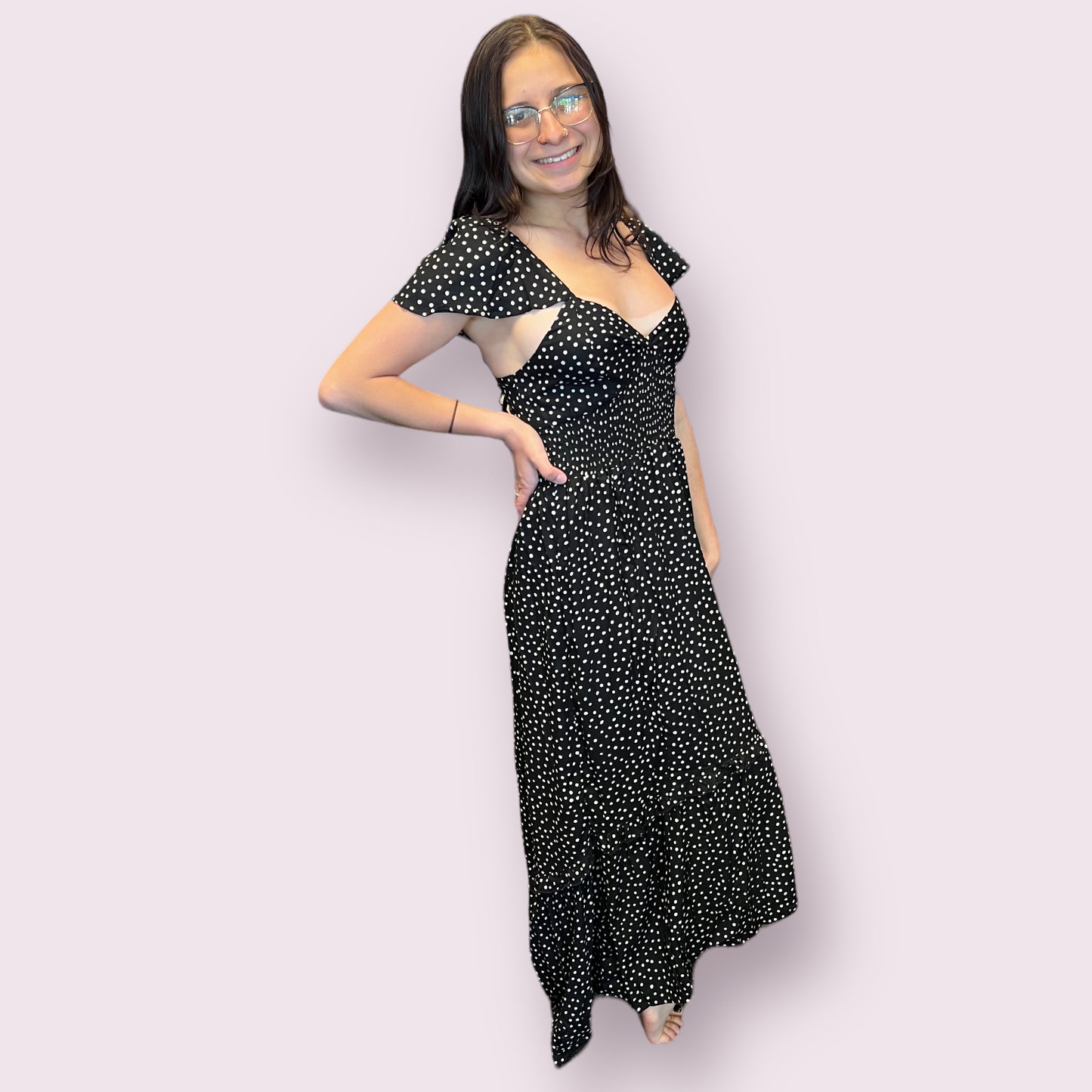 V Neck Smocked Waist Dress with Lace Up Back