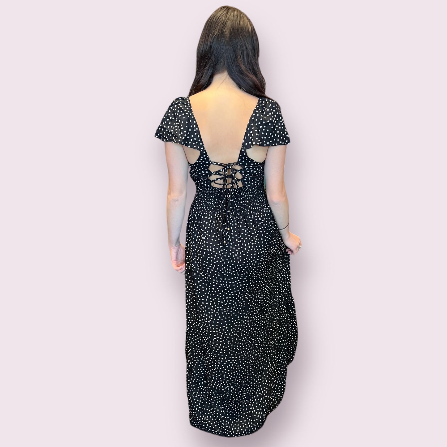 V Neck Smocked Waist Dress with Lace Up Back