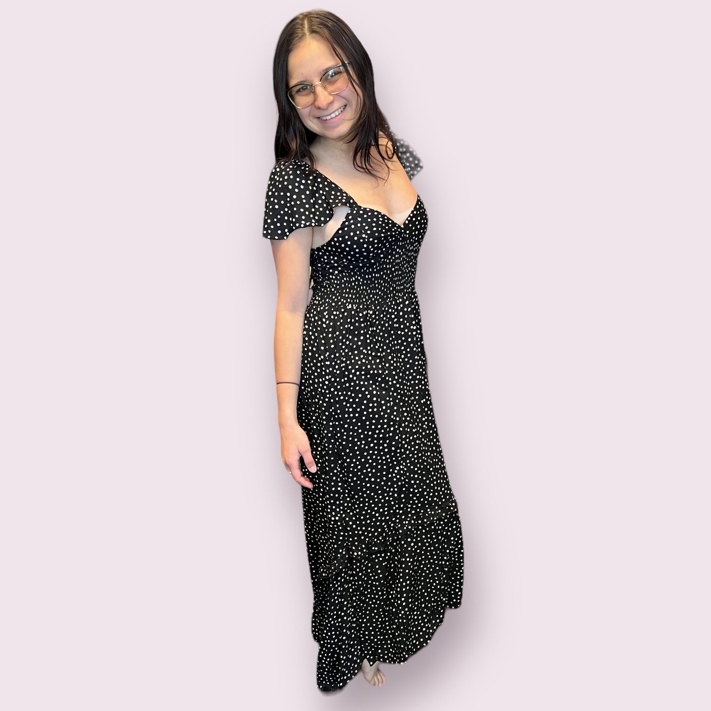 V Neck Smocked Waist Dress with Lace Up Back