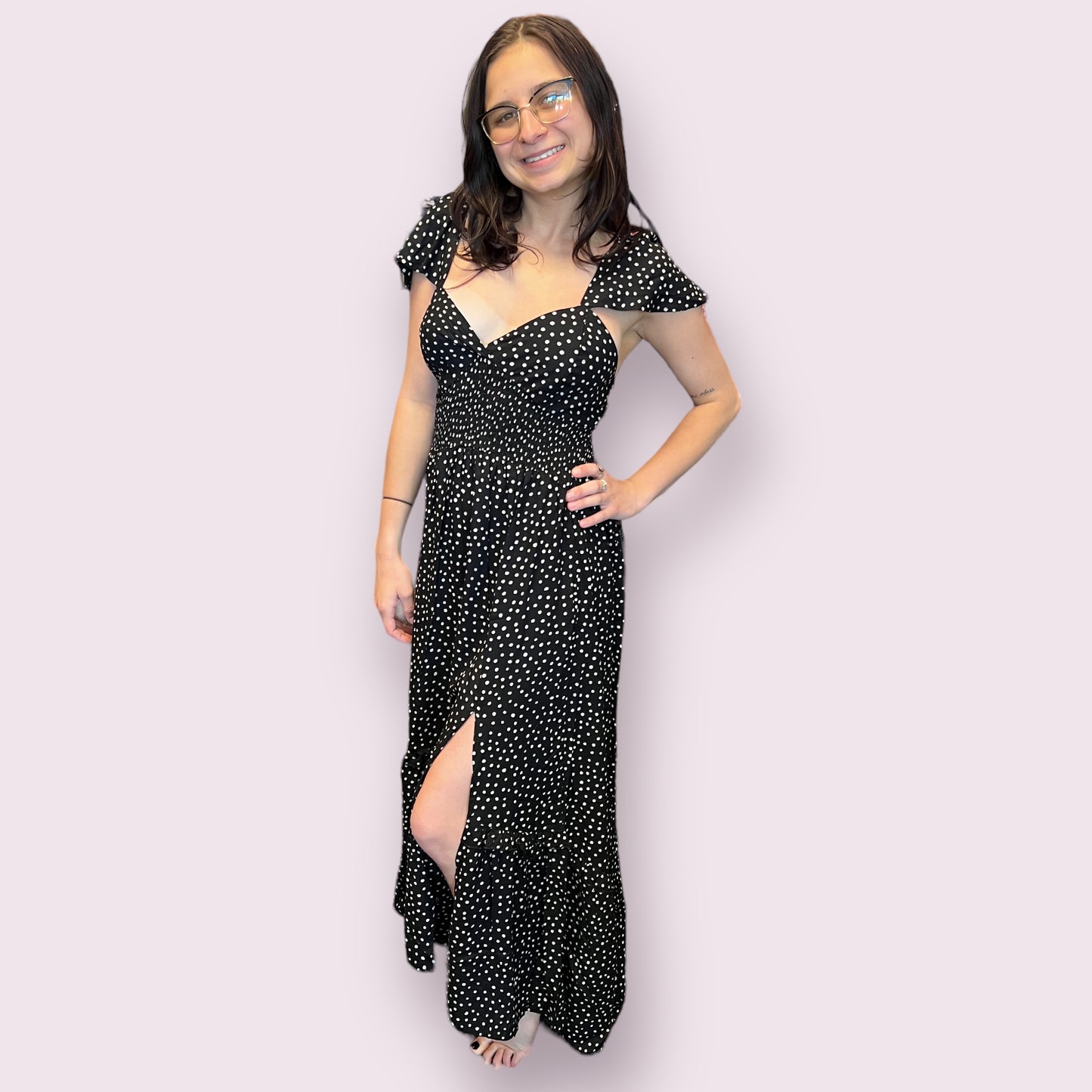 V Neck Smocked Waist Dress with Lace Up Back