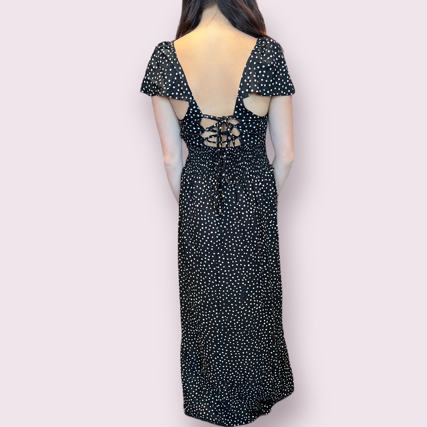 V Neck Smocked Waist Dress with Lace Up Back