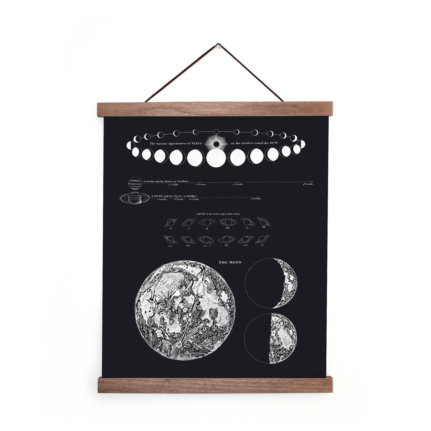Vintage Astronomy Moon Map and Venus Print w/ Walnut Frame
