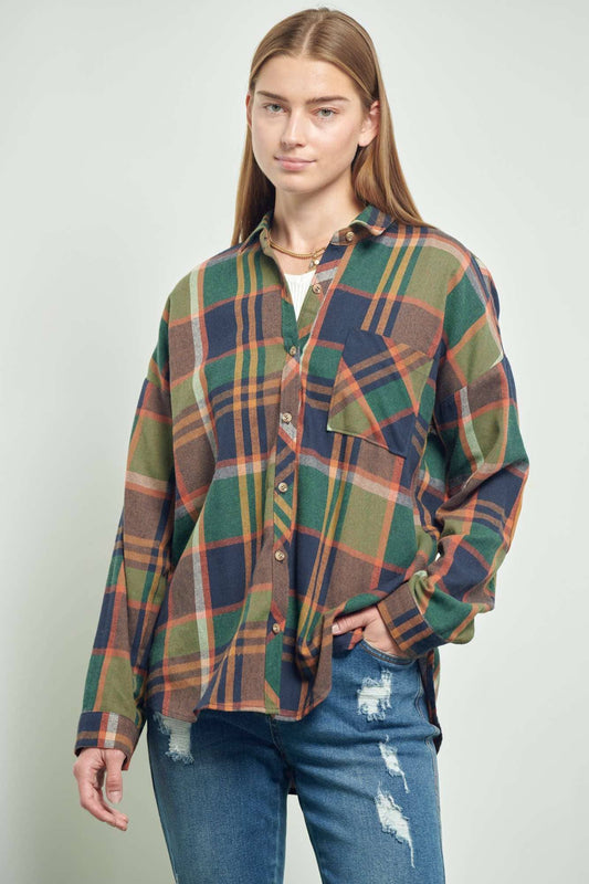 Green Elbow Patch Plaid Shirt