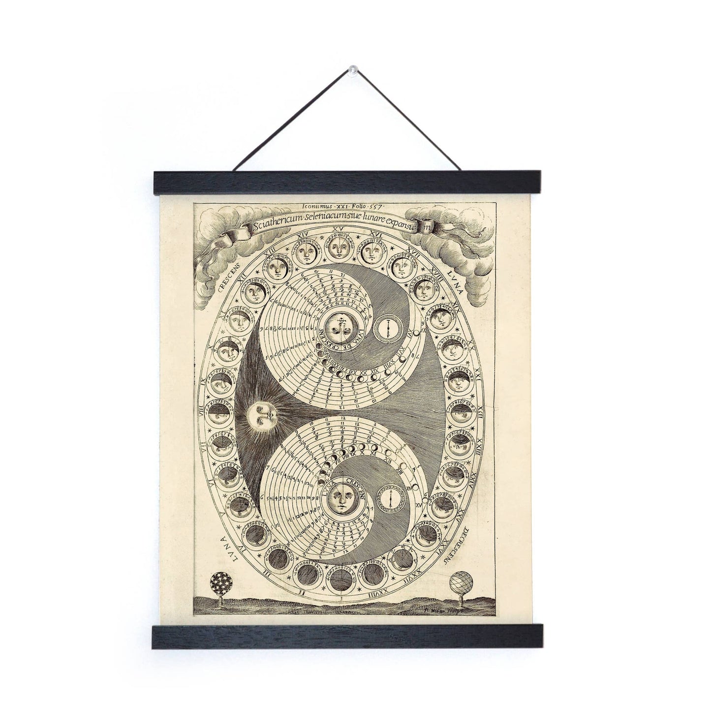 Vintage Moon Phases Chart Print w/ Black Hanging Frame
