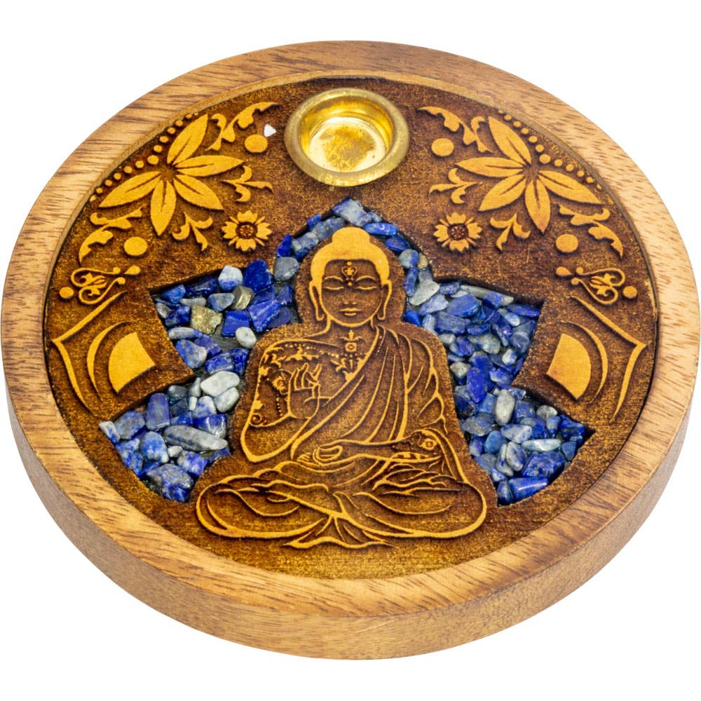 Buddha w/ Sodalite Laser Etched Wood Round Incense Holder