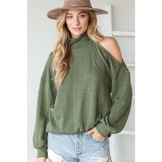 Solid Dark Olive Jacquard Cutout Shoulder Long Sleeve Top