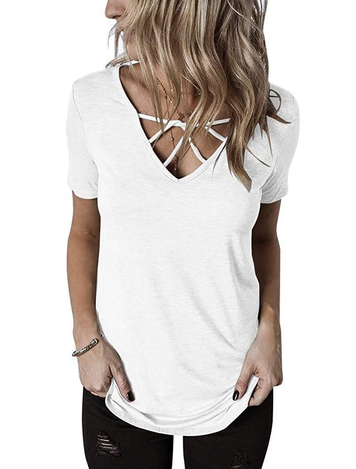 White Short Sleeve Criss Cross V-neck Tee