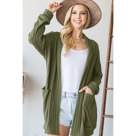 Olive Solid Cashmere Ribbed Pocket Open Cardigan
