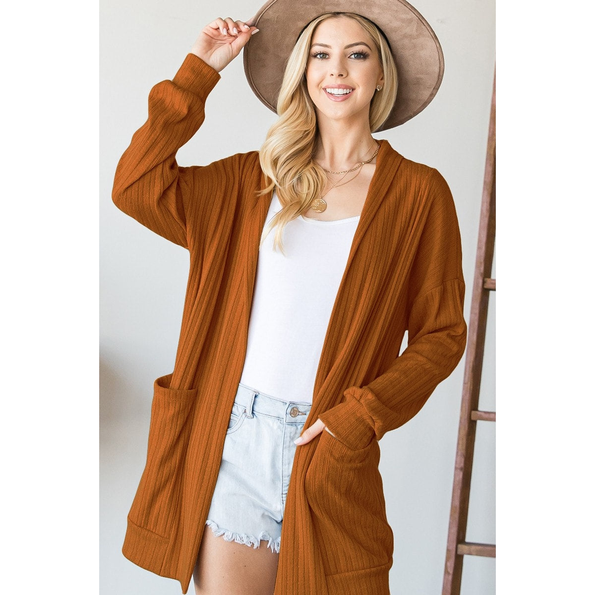 Camel Solid Cashmere Ribbed Pocket Open Cardigan