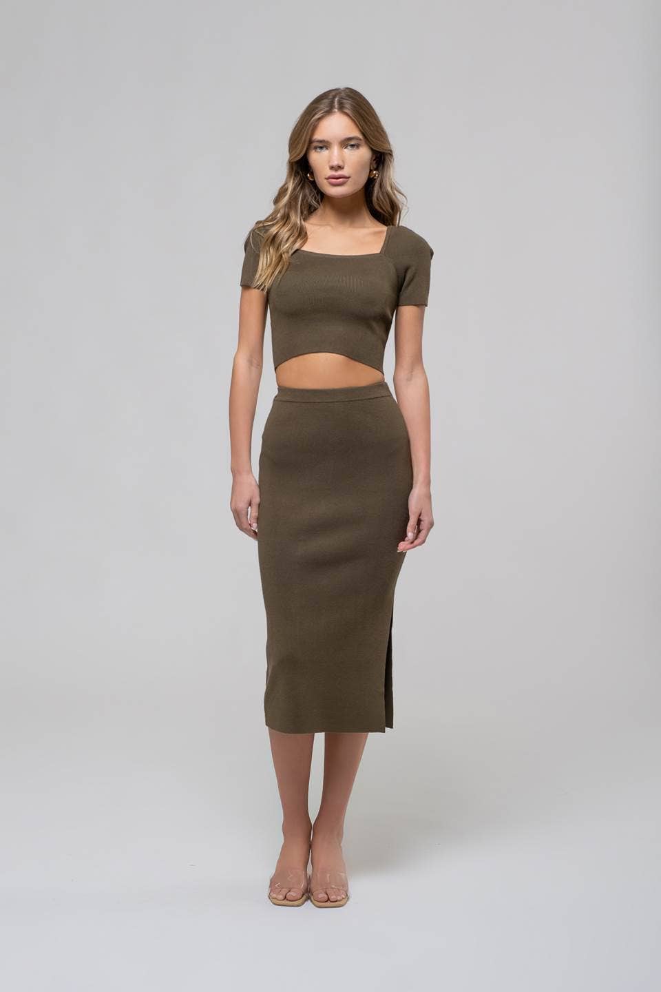 HIGH WAIST SIDE SLIT SWEATER KNIT MIDI SKIRT: OLIVE
