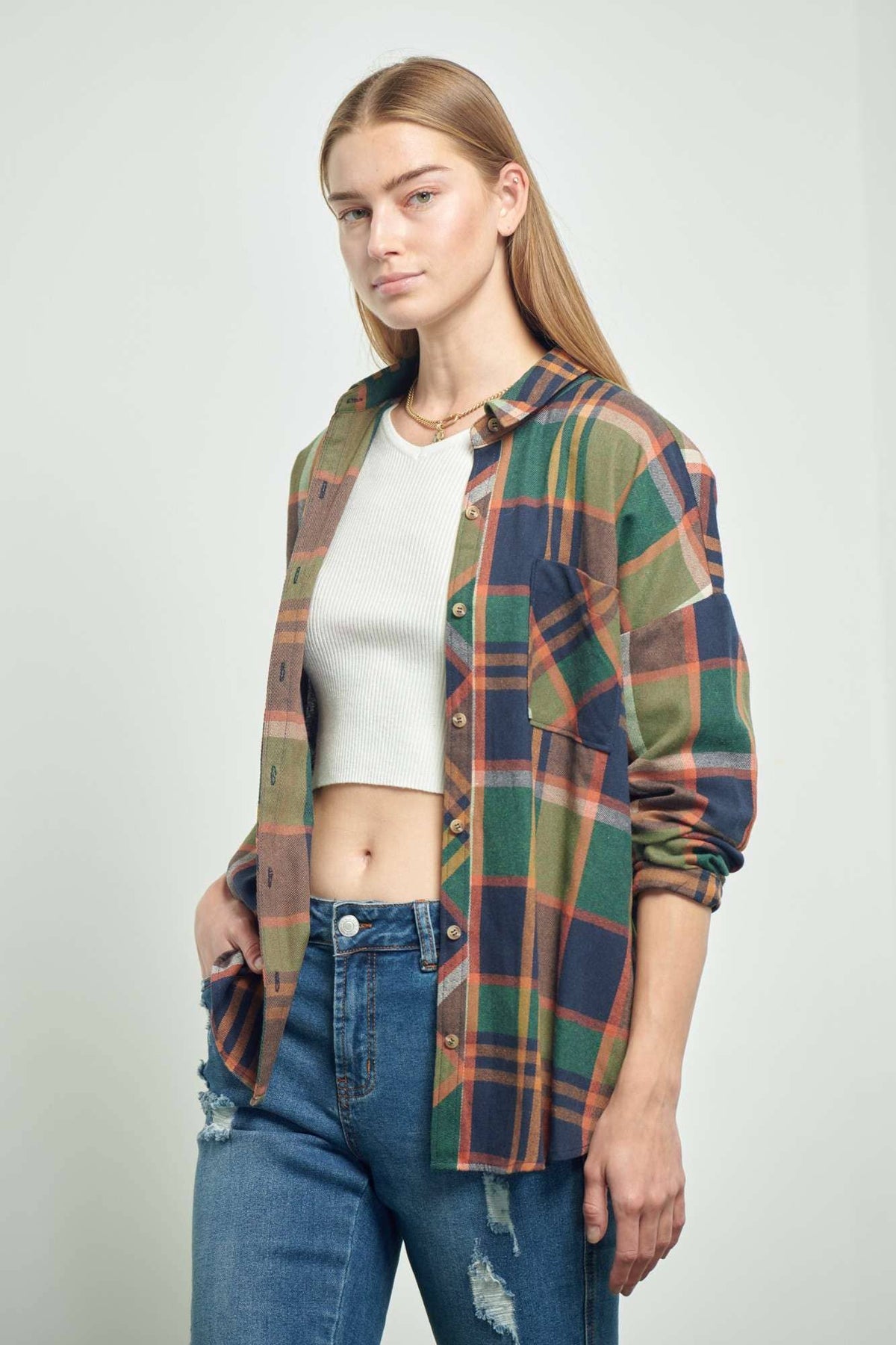 Green Elbow Patch Plaid Shirt