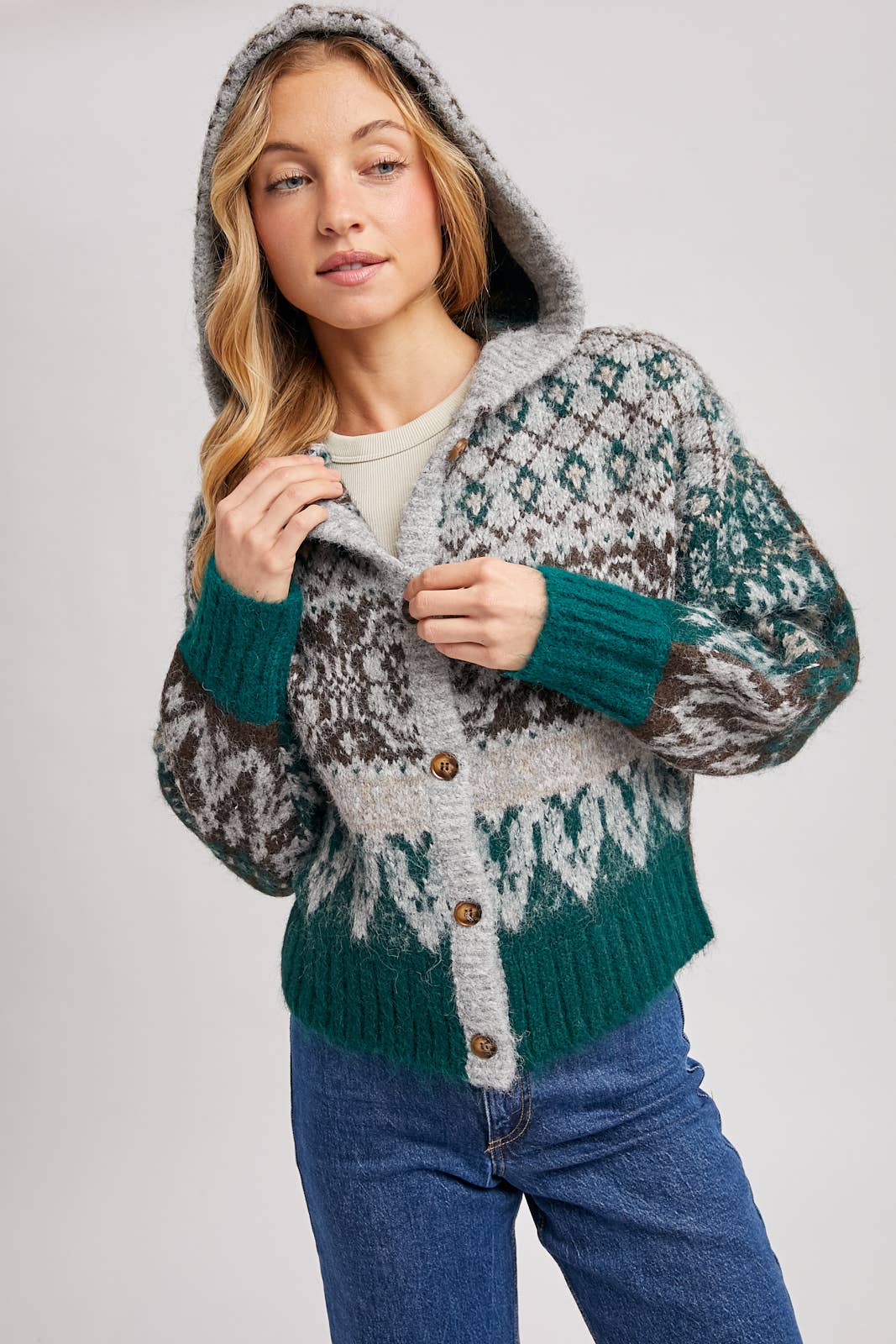 FAIR ISLE BUTTON DOWN KNIT SWEATER CARDIGAN HOODIE: GREEN COMBO