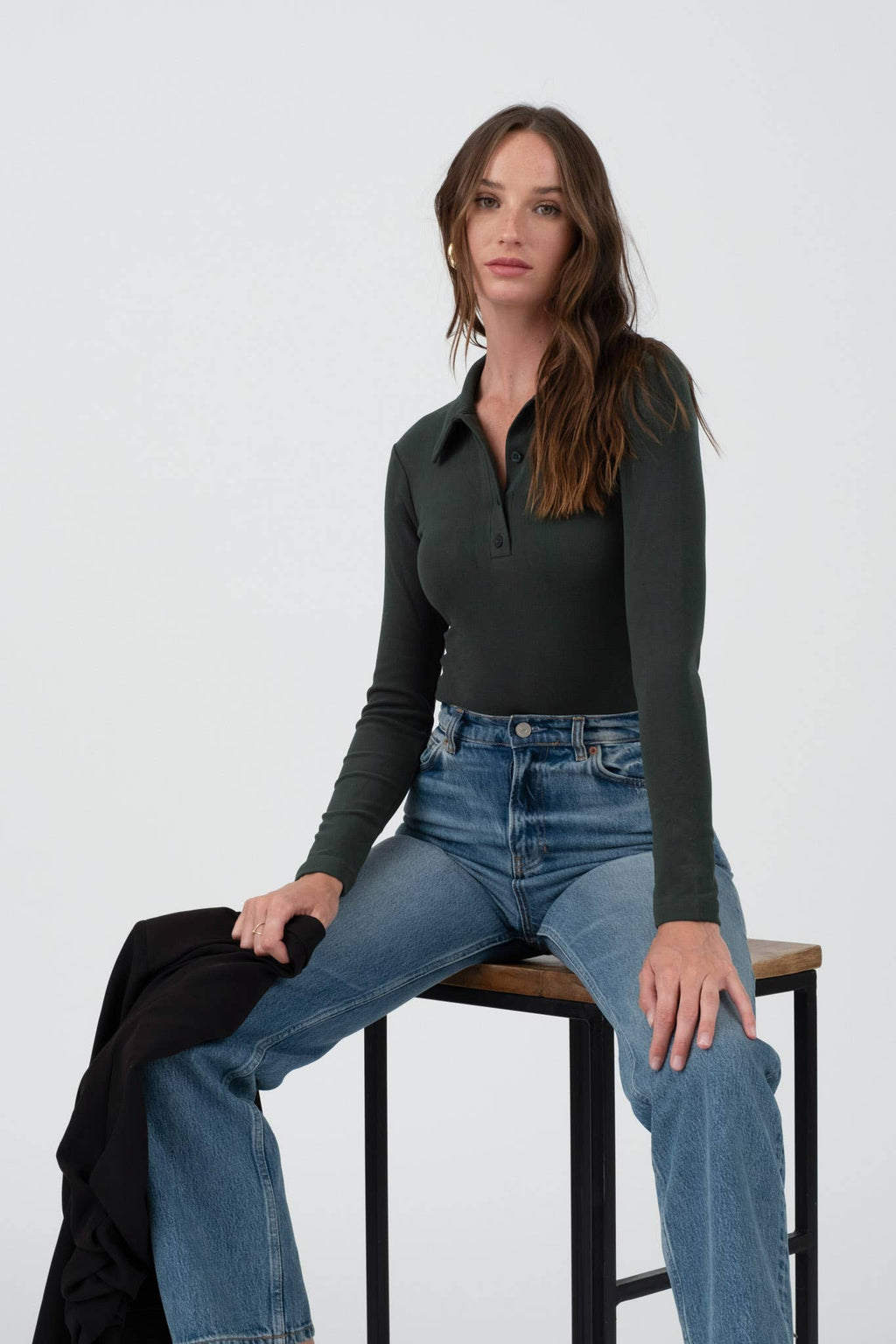 SOLID COLLARED LONG SLEEVE BODYSUIT: HUNTER GREEN