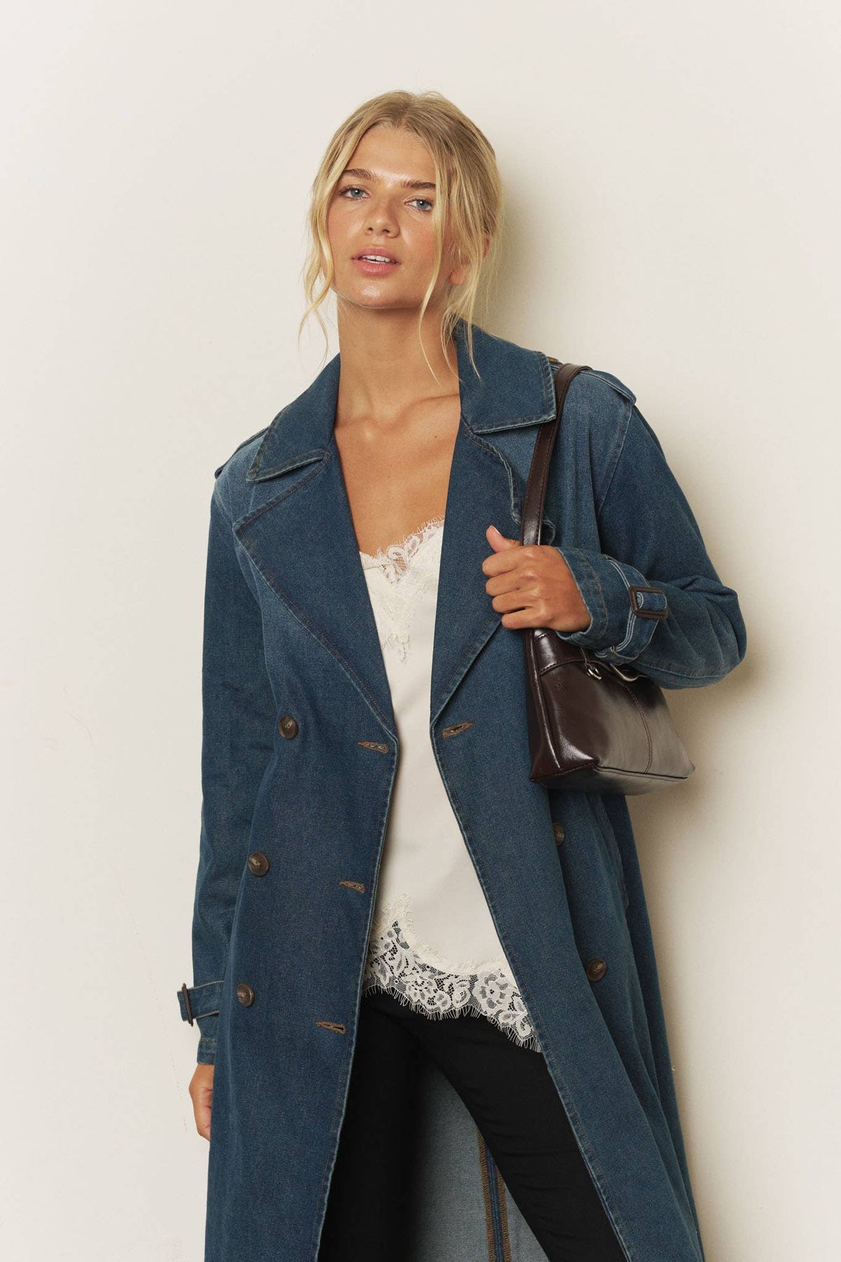 NOTCH COLLAR DENIM TRENCH COAT: DENIM