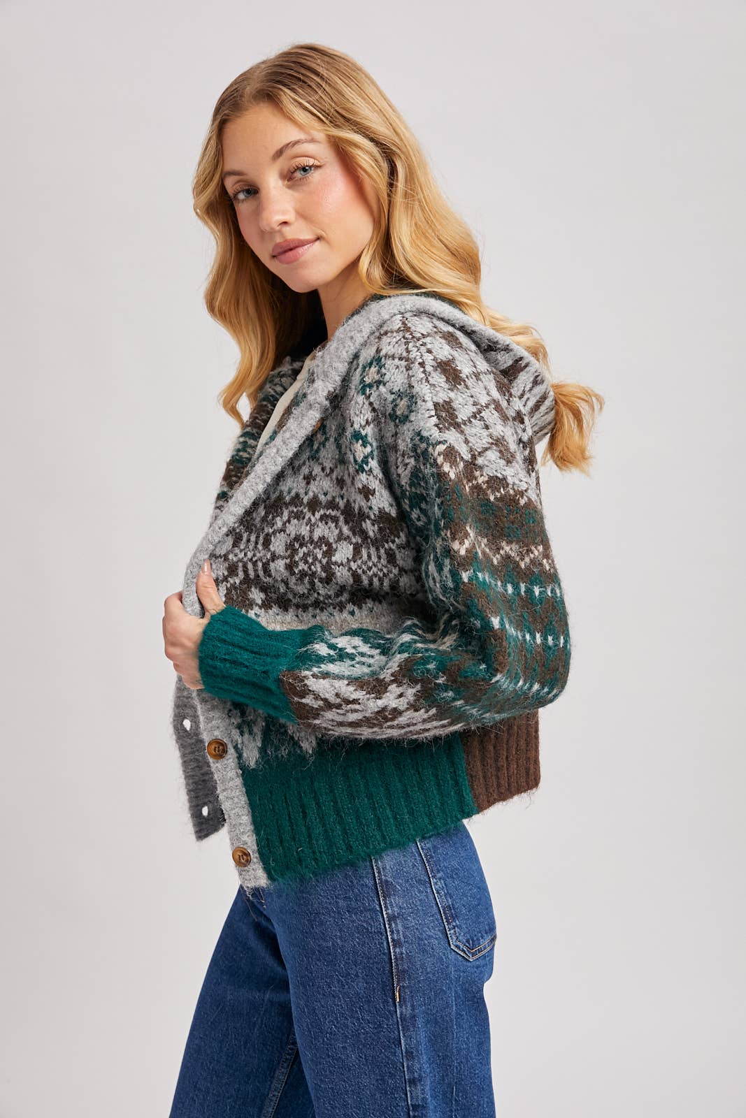 FAIR ISLE BUTTON DOWN KNIT SWEATER CARDIGAN HOODIE: GREEN COMBO