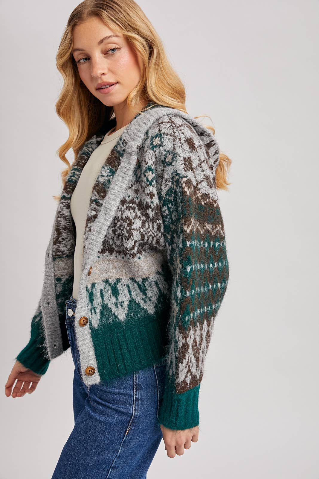 FAIR ISLE BUTTON DOWN KNIT SWEATER CARDIGAN HOODIE: GREEN COMBO