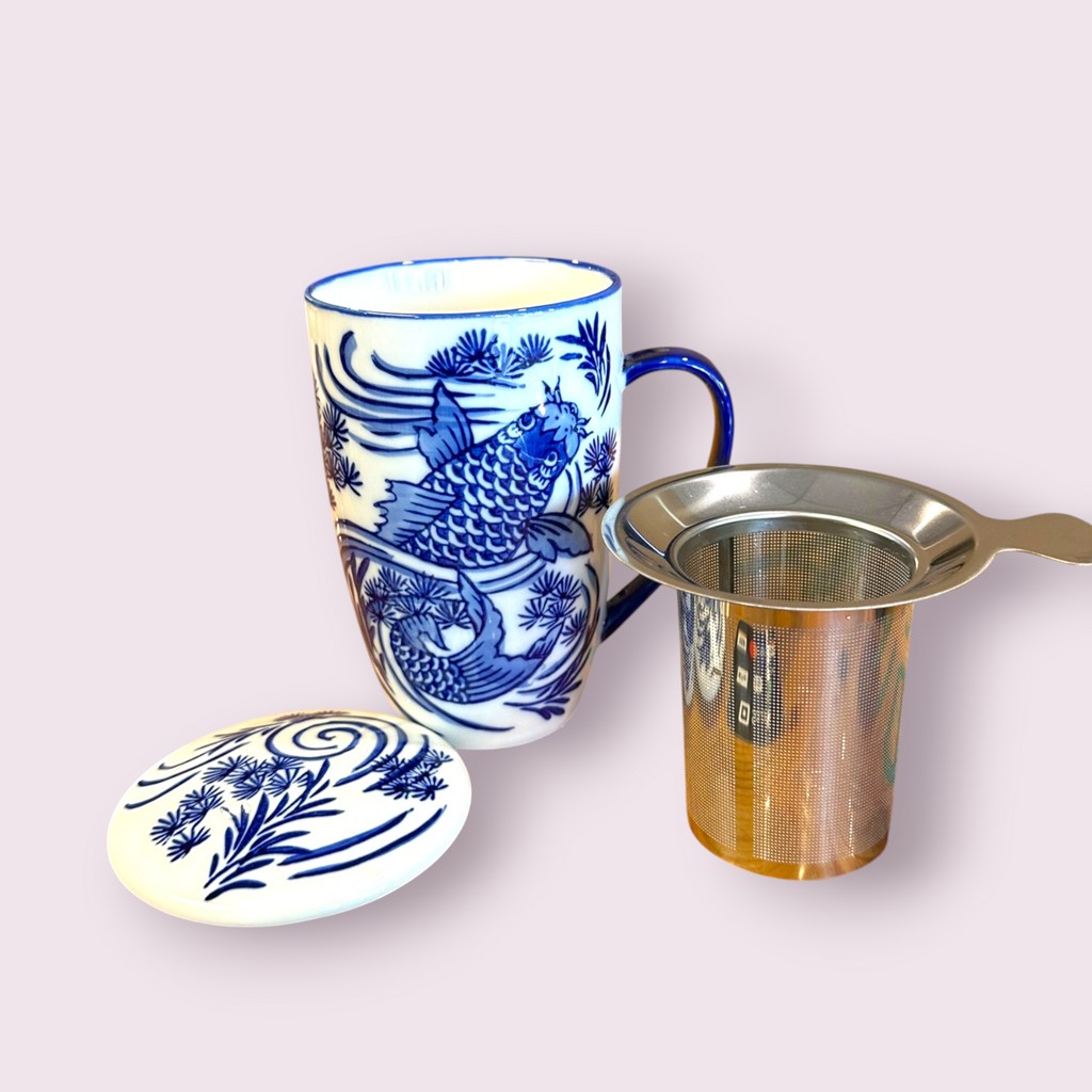 Koi Fish Design 15oz Tea Mugs with Lid and Infuser for Loose Leaf Tea
