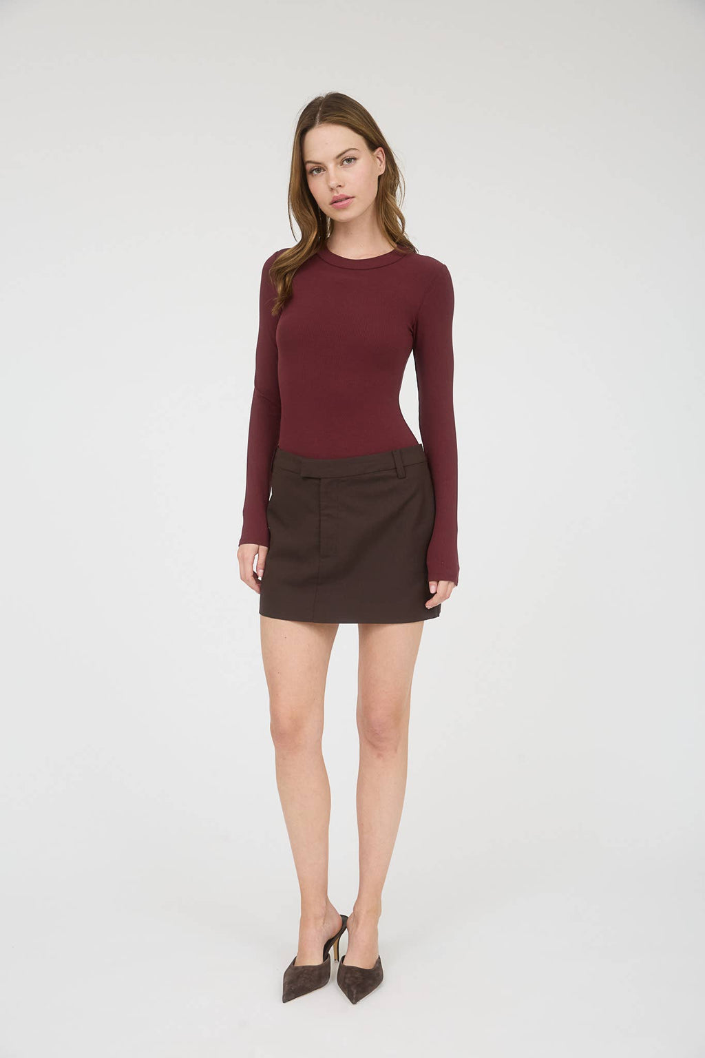 ROUND NECK LONG SLEEVE SWEATER KNIT BODYSUIT: OXBLOOD