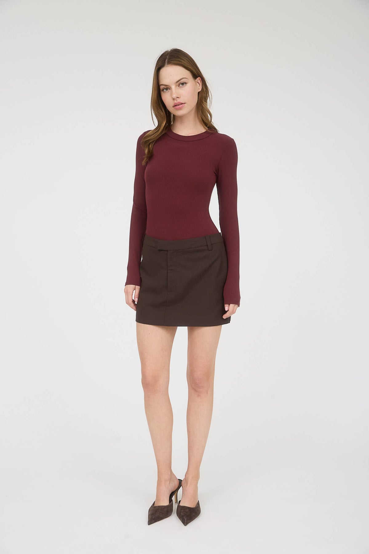 ROUND NECK LONG SLEEVE SWEATER KNIT BODYSUIT: OXBLOOD