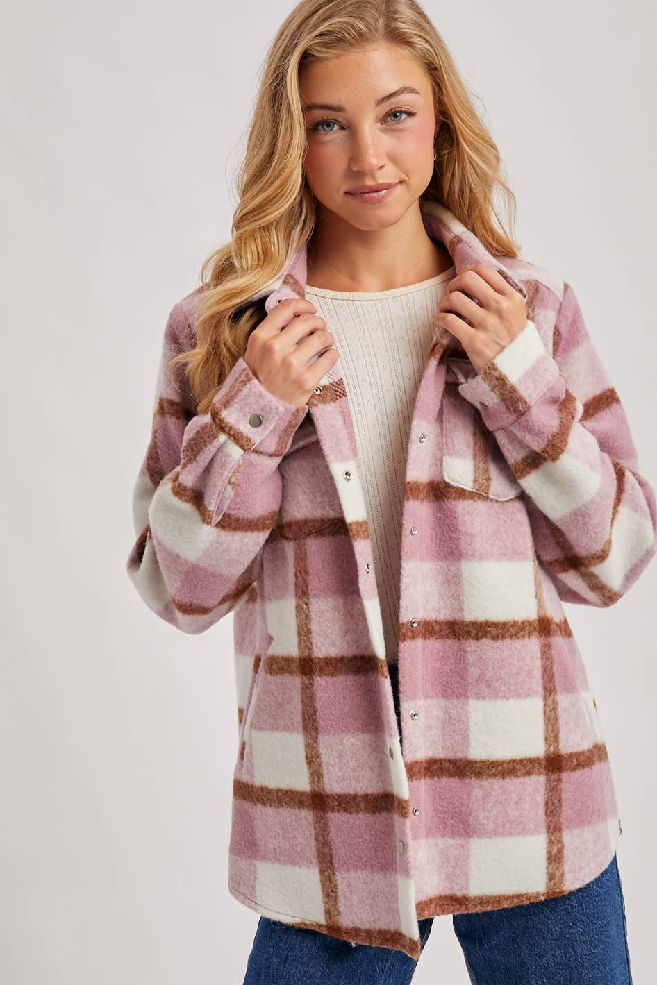 PLAID BRUSHED FLANNEL SHACKET: MAUVE