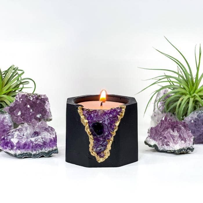 Raw Amethyst Candle Holder | Planter | Black, Black Crystal Candle