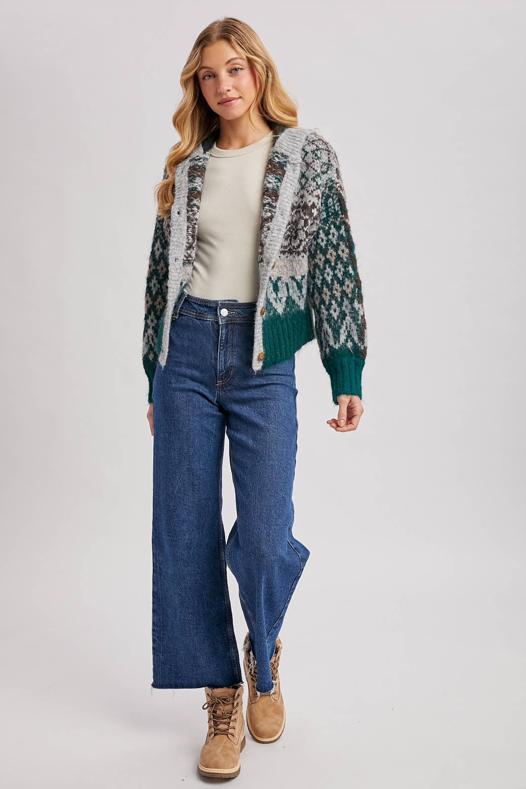 FAIR ISLE BUTTON DOWN KNIT SWEATER CARDIGAN HOODIE: GREEN COMBO