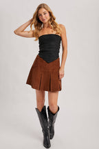 CORDUROY PLEATED MINI SKIRT: Brown