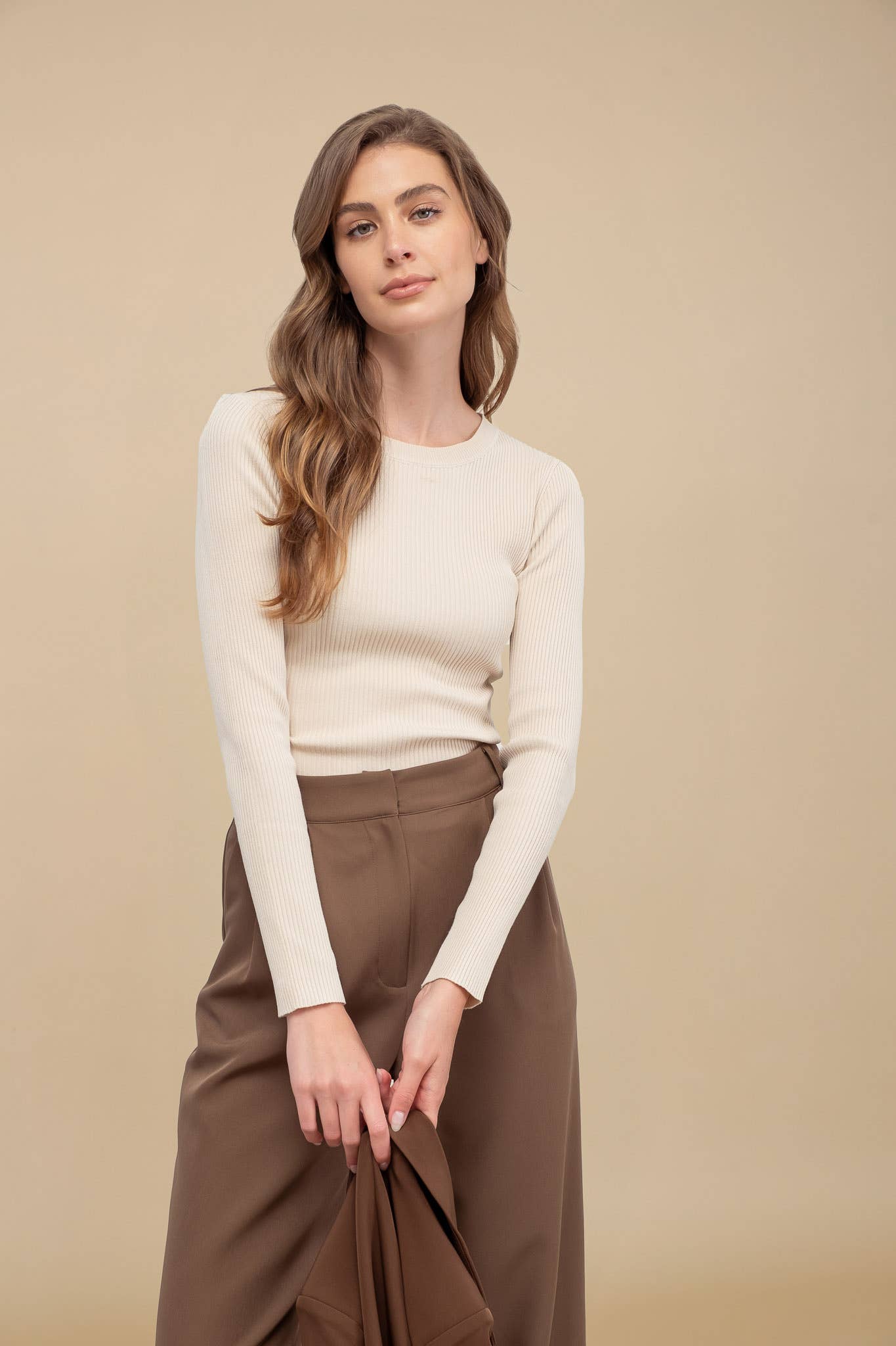 SOLID CREWNECK LONG SLEEVE SWEATER KNIT PULLOVER: NATURAL