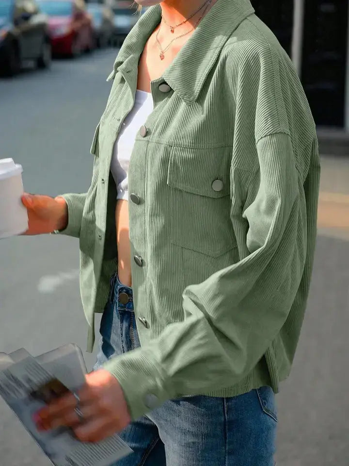Corduroy Button Front Shacket with Flap Pockets: Light Green