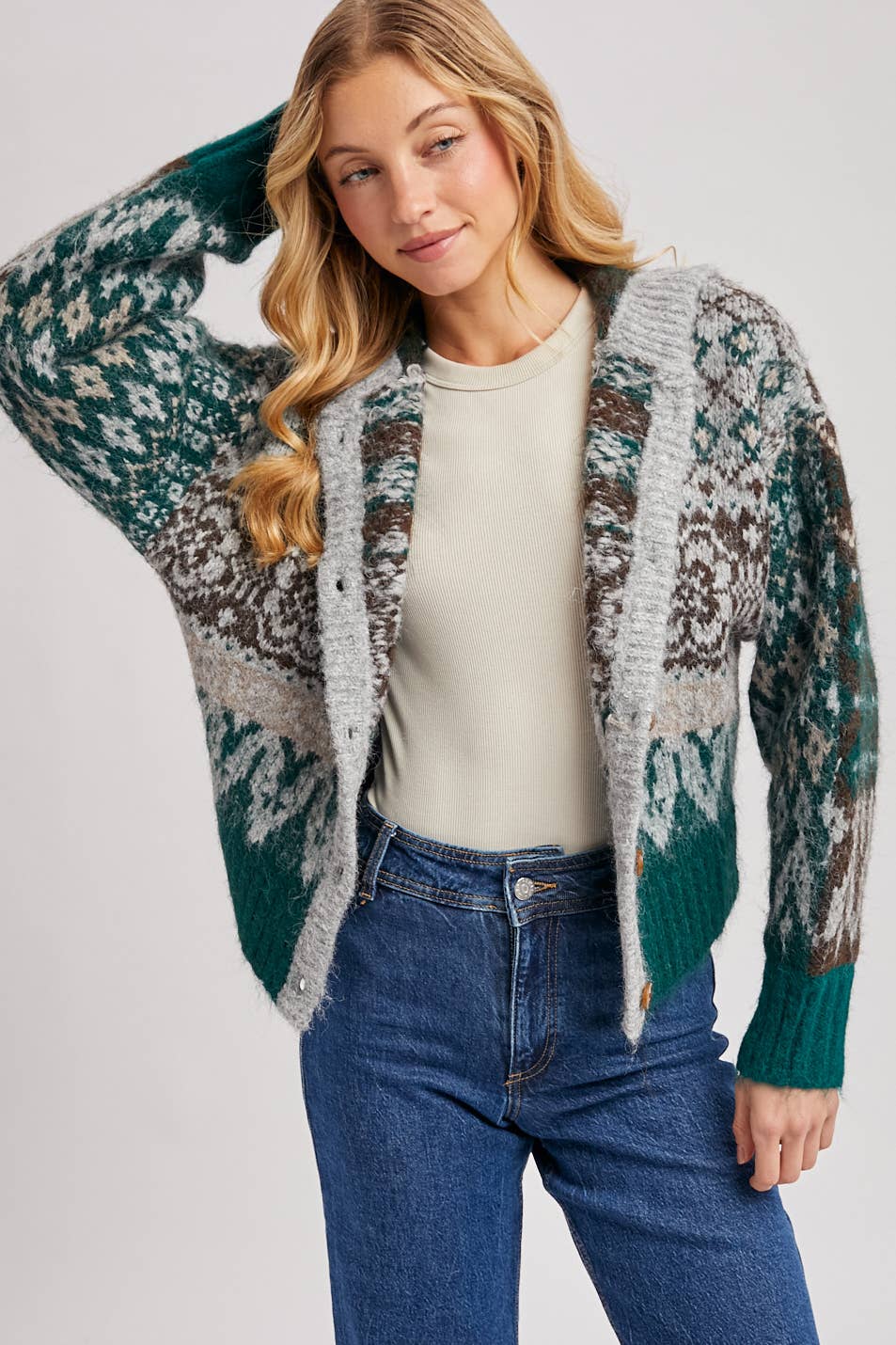 FAIR ISLE BUTTON DOWN KNIT SWEATER CARDIGAN HOODIE: GREEN COMBO