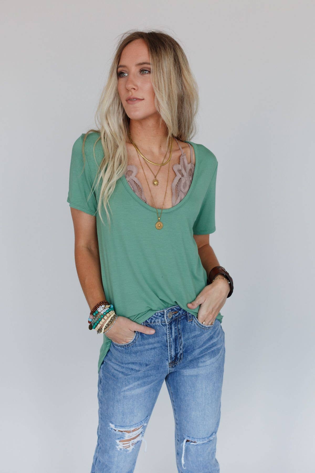 Scoop Neck Bralette Tee - Sage: Sage