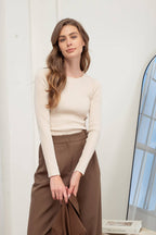 SOLID CREWNECK LONG SLEEVE SWEATER KNIT PULLOVER: NATURAL