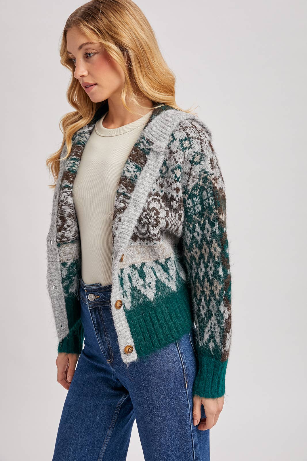 FAIR ISLE BUTTON DOWN KNIT SWEATER CARDIGAN HOODIE: GREEN COMBO