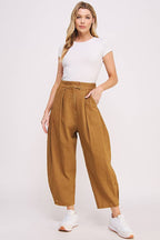 HIGH WAIST PLEATED BAGGY ANKLE LENGTH TROUSERS: MOCHA