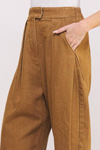 HIGH WAIST PLEATED BAGGY ANKLE LENGTH TROUSERS: MOCHA
