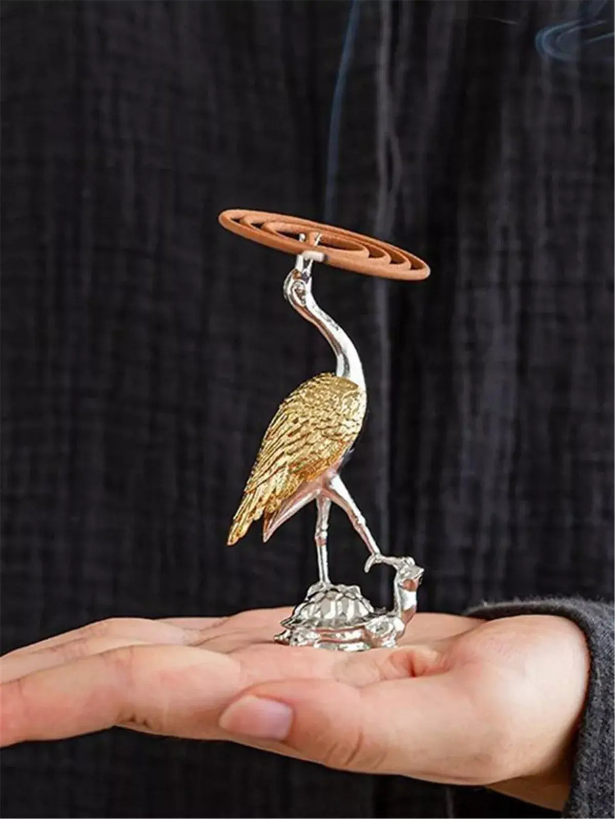 Crane and Turtle Incense Holder – 4.3" Metal Ornament
