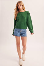 BOAT NECK ROLLED TRIM SOFT HEATHERED KNIT PULLOVER: HUNTER GREEN