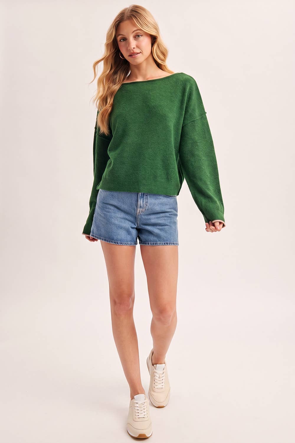 BOAT NECK ROLLED TRIM SOFT HEATHERED KNIT PULLOVER: HUNTER GREEN