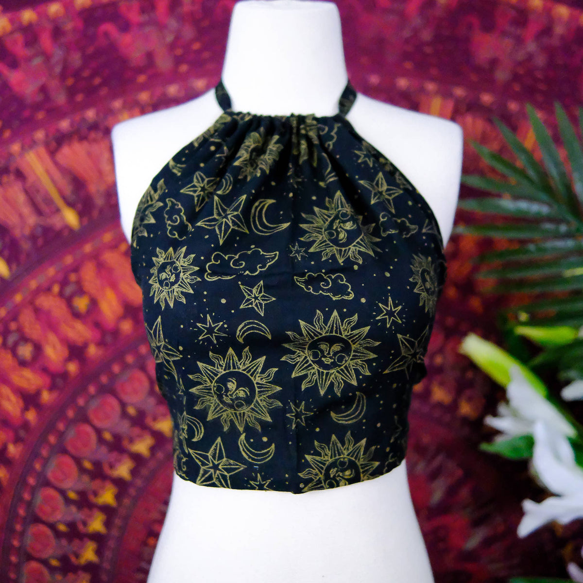 Black Celestial Cotton Halter Top